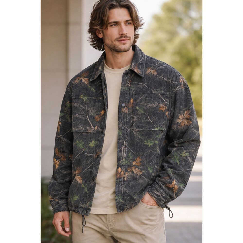 SAINTS Studio Forest Camo Corduroy Snap Jacket – Size Small – Drawstring Hem